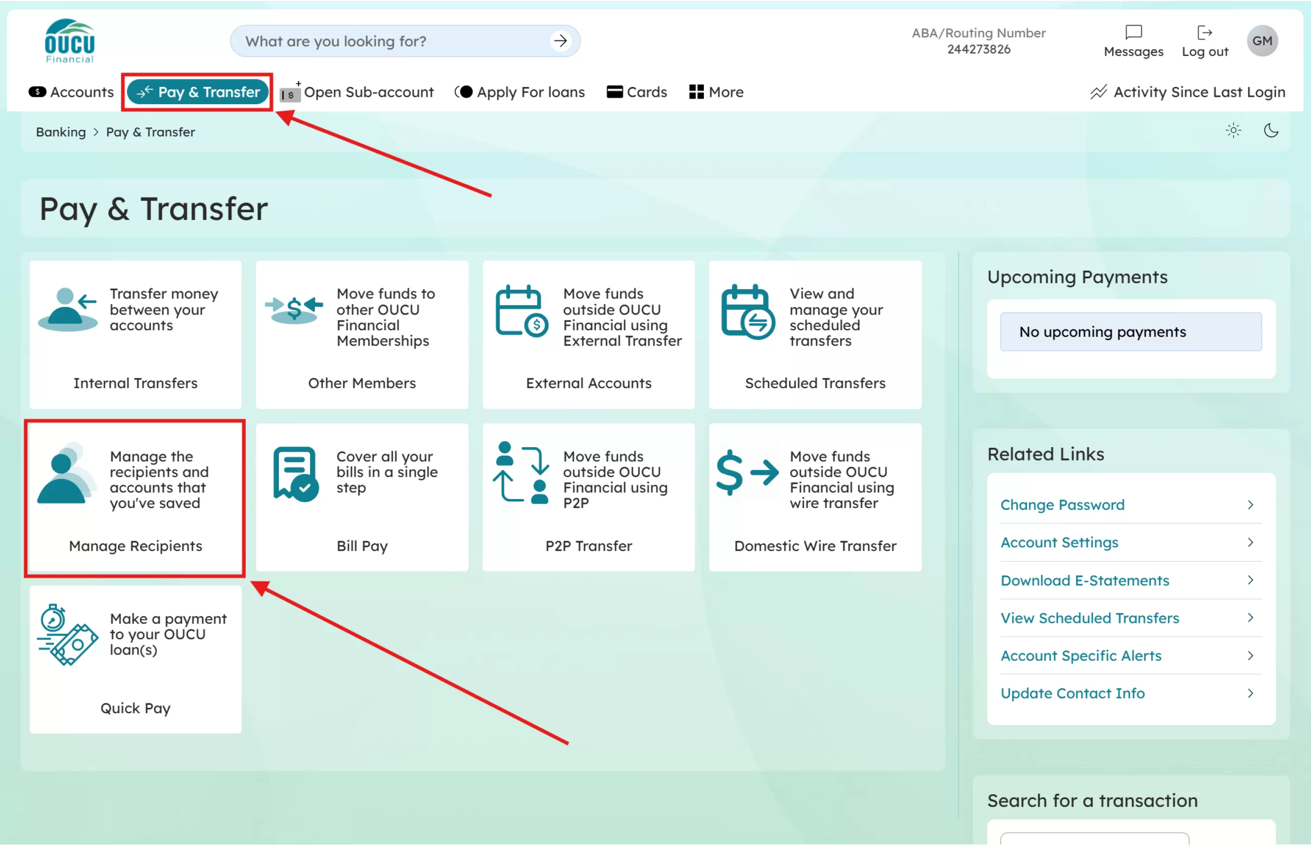 First, click on the “Pay & Transfer” tab. Then click the “Manage Recipients” option.